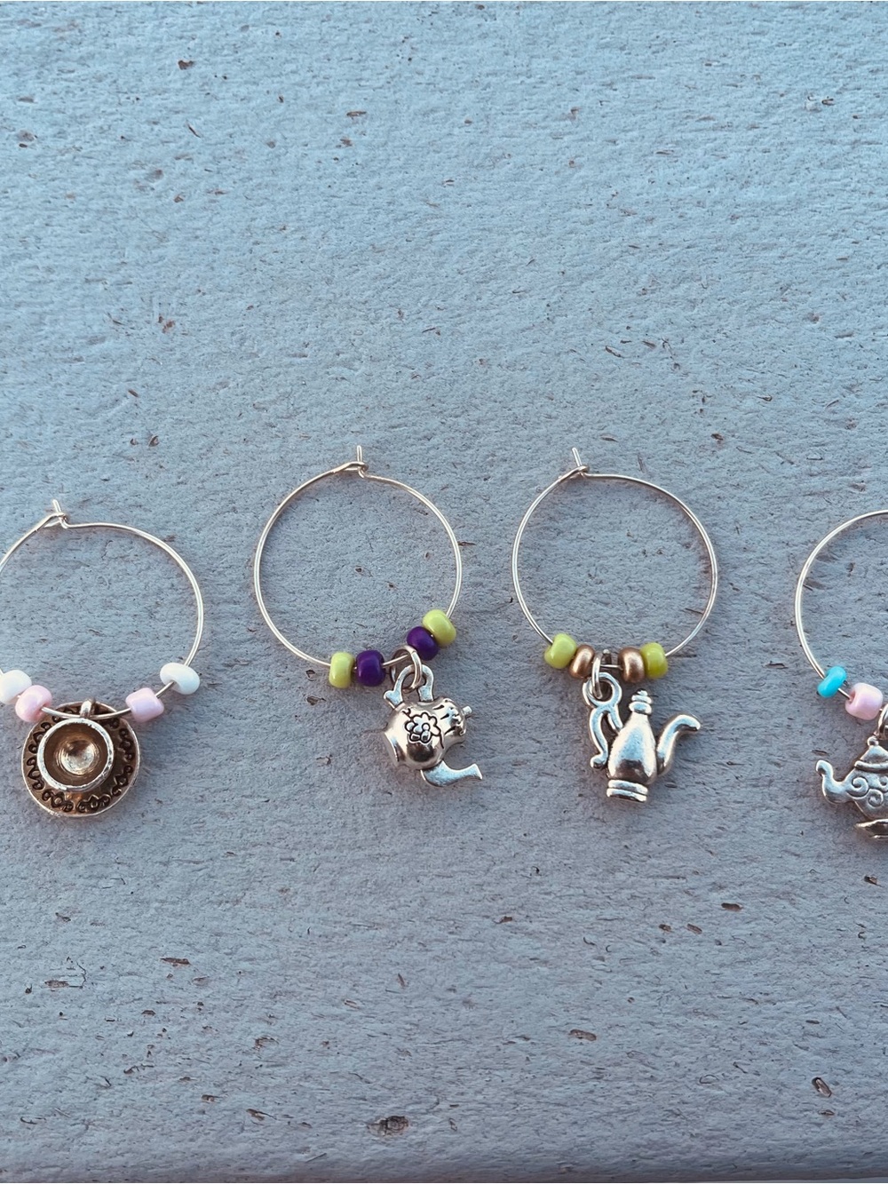 Homemade Tea Pot Wine Charms - Silver, Green, pink, & Purple Beaded Wine Charms